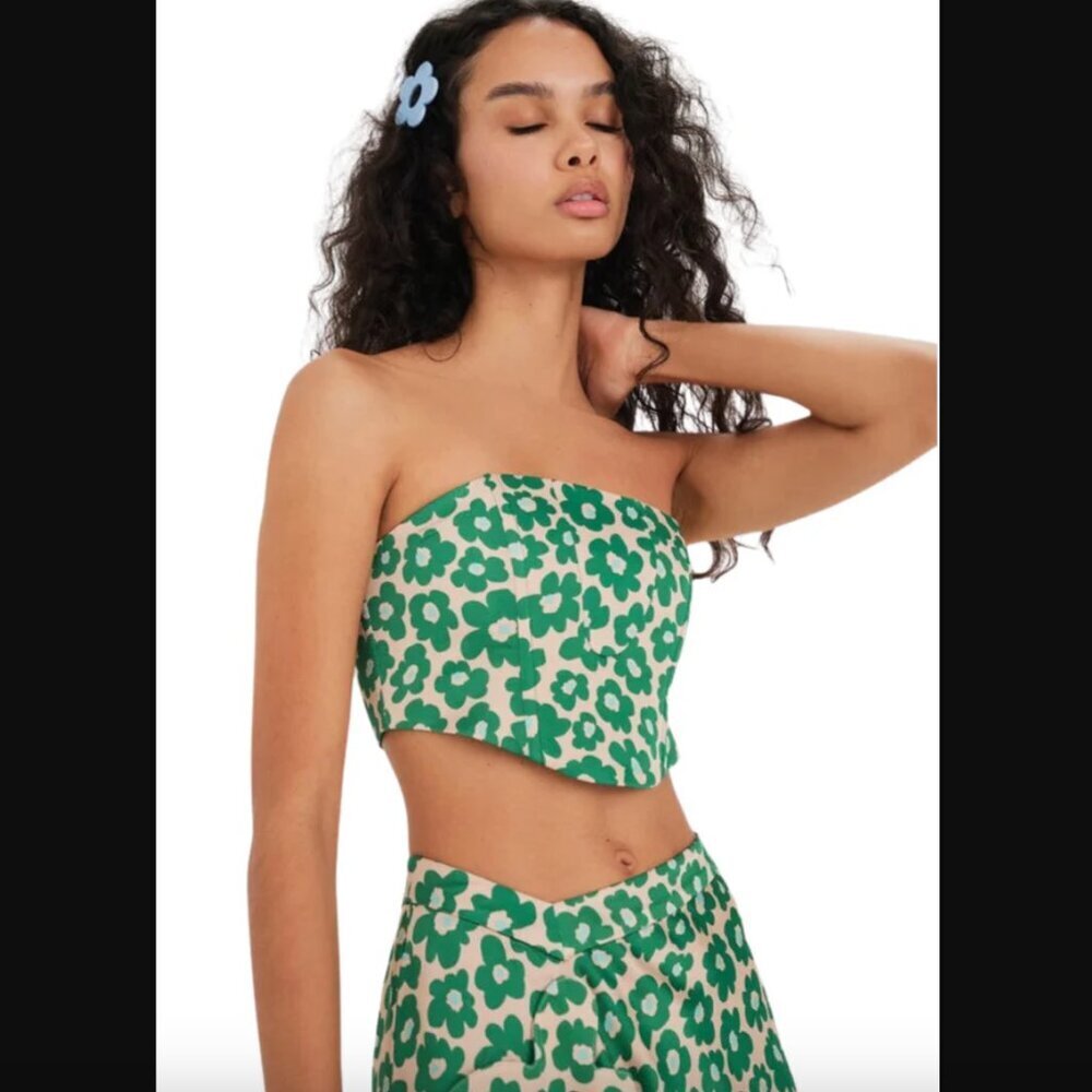 For Love and Lemons Copper Green & Tan Floral Strapless Crop Top S
